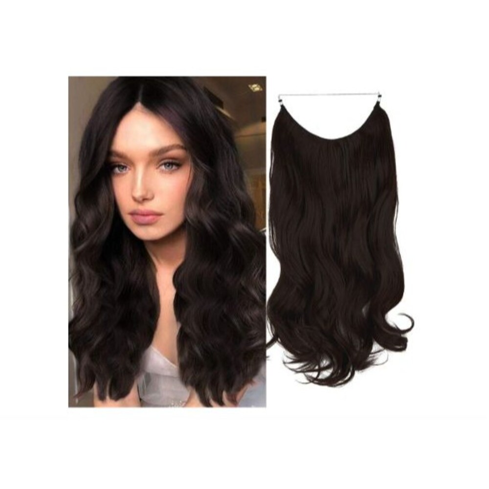 Curly Wavy Hair Extension 18 in Long Dark Brown Synthetic Hidden Wire No Clip